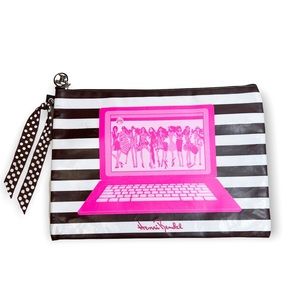 Henri Bendel Chocolate Brown & White Striped Laptop Bag Case Neon Pink & Orange